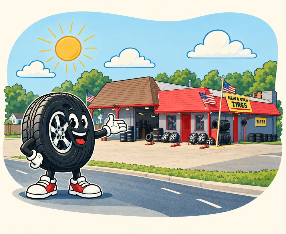 A smiling tire mascot welcomes visitors outside an illustrated red-roof tire shop