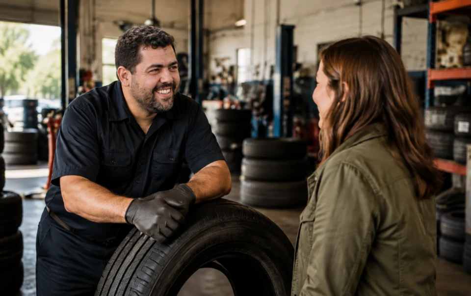 A man and woman talking beside a tire in a tire shop